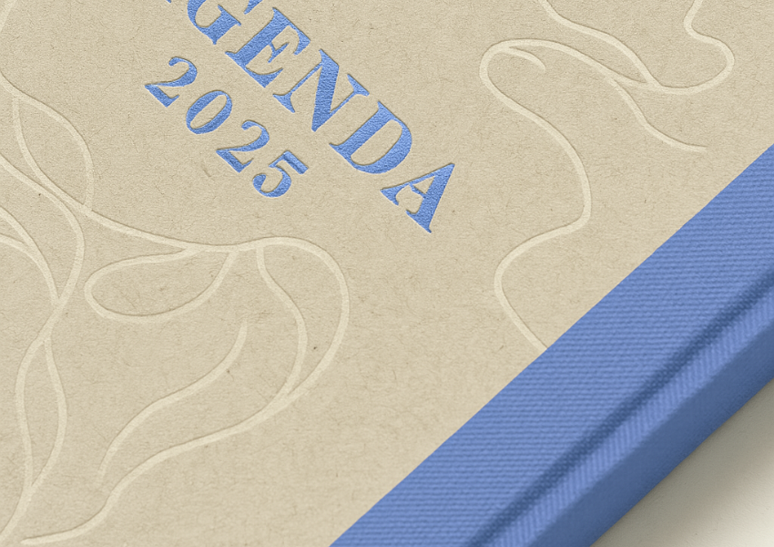 Industrial binding of notebooks and planners reinforced with crepe paper